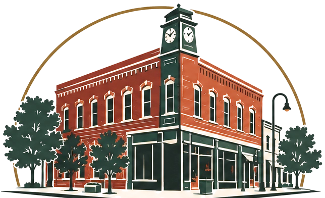 Illustration of a brick downtown corner building with a clock tower, framed by a gold arc.